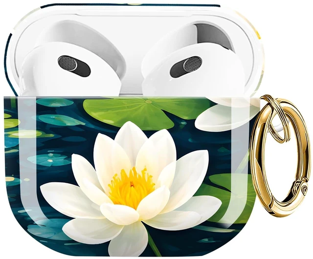 Main image of Compatible with AirPods 4 Case (2024 Release), Shockproof Protective Hard Shell Cover with Keychain, Cute & Fashion Patterns for Women Men KidsWhite Water Lilies