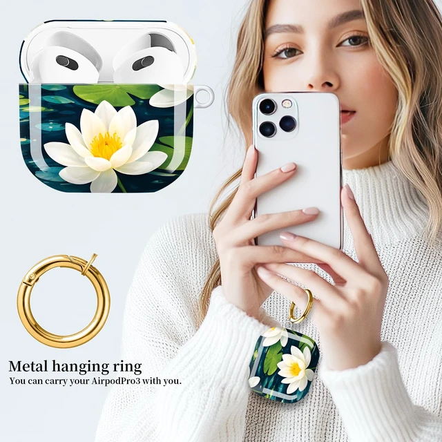 Alt view image 2 of 6 - Compatible with AirPods 4 Case (2024 Release), Shockproof Protective Hard Shell Cover with Keychain, Cute & Fashion Patterns for Women Men KidsWhite Water Lilies