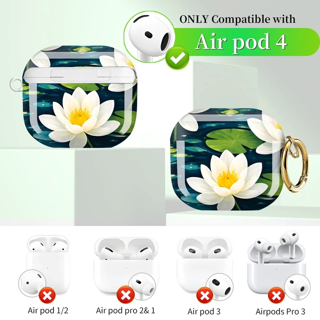 Alt view image 4 of 6 - Compatible with AirPods 4 Case (2024 Release), Shockproof Protective Hard Shell Cover with Keychain, Cute & Fashion Patterns for Women Men KidsWhite Water Lilies