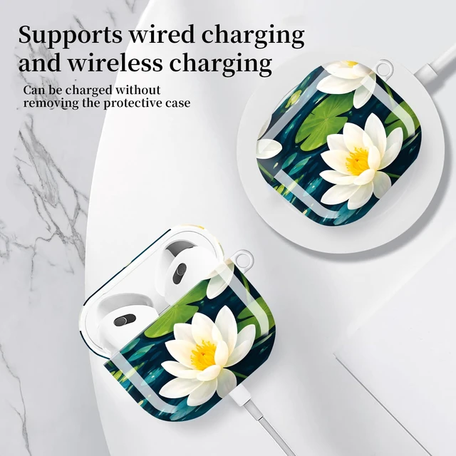 Alt view image 5 of 6 - Compatible with AirPods 4 Case (2024 Release), Shockproof Protective Hard Shell Cover with Keychain, Cute & Fashion Patterns for Women Men KidsWhite Water Lilies
