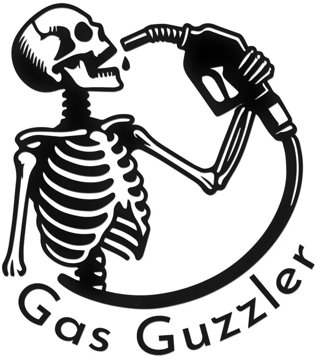 Main image of (2 Pcs, 5.6'' x 6.3'', Black) No Background Durable and Waterproof of Gas Guzzler Funny Skeleton Sticker Decal for Laptops, Water Bottles, Cars, Trucks, Wall Ideal Gift