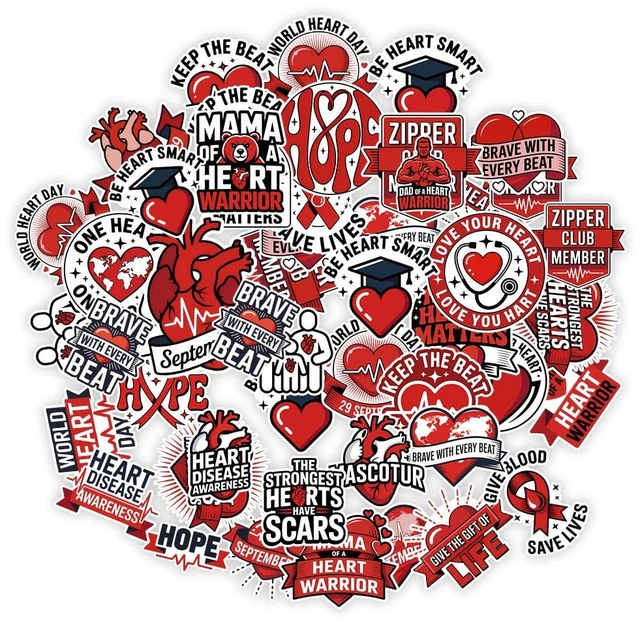Main image of (1.5-2 Inch) 60Pcs Heart Disease Awareness Stickers, Heart Warrior Decals Waterproof Vinyl Sticker Pack for Laptop Water Bottle Phone Gifts for Nurses Patients