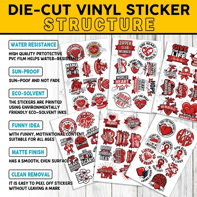 Alt view image 6 of 7 - (1.5-2 Inch) 60Pcs Heart Disease Awareness Stickers, Heart Warrior Decals Waterproof Vinyl Sticker Pack for Laptop Water Bottle Phone Gifts for Nurses Patients
