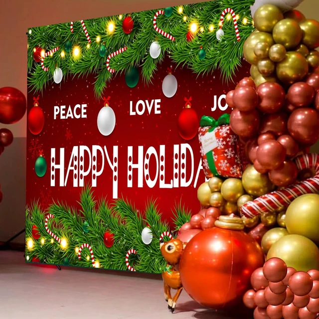Alt view image 2 of 7 - Happy Holidays Celebrate Backdrop Banner Peace Love Joy Happy Holidays Wall Hanging Decor Red Glittering Xmas Winter Holiday Party Photo Photography Prop Booth Background 70.9x47.2in