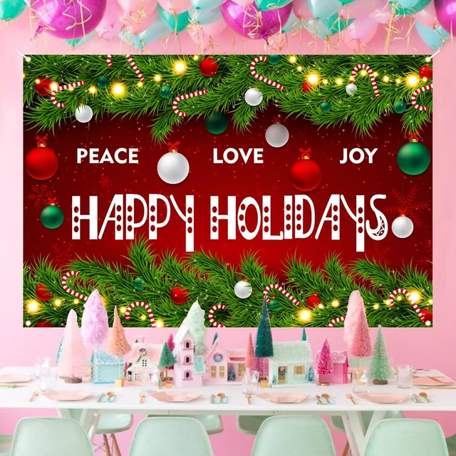 Alt view image 3 of 7 - Happy Holidays Celebrate Backdrop Banner Peace Love Joy Happy Holidays Wall Hanging Decor Red Glittering Xmas Winter Holiday Party Photo Photography Prop Booth Background 70.9x47.2in