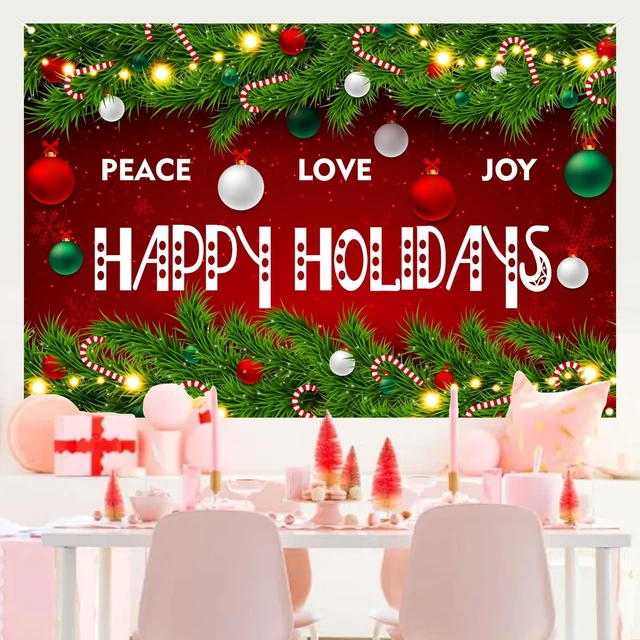 Alt view image 4 of 7 - Happy Holidays Celebrate Backdrop Banner Peace Love Joy Happy Holidays Wall Hanging Decor Red Glittering Xmas Winter Holiday Party Photo Photography Prop Booth Background 70.9x47.2in
