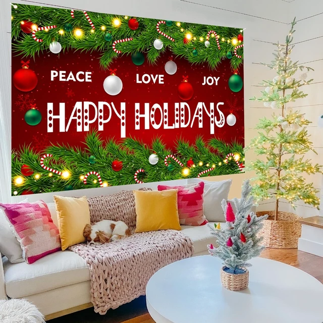 Alt view image 5 of 7 - Happy Holidays Celebrate Backdrop Banner Peace Love Joy Happy Holidays Wall Hanging Decor Red Glittering Xmas Winter Holiday Party Photo Photography Prop Booth Background 70.9x47.2in
