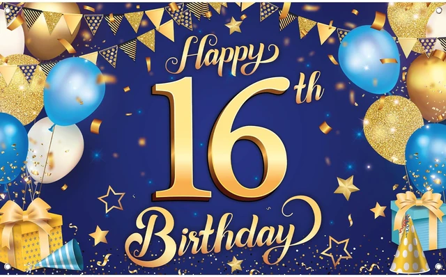 Main image of Blue and Gold Happy 16th Birthday Banner - 72x44 Inch Blue and Gold Backcrop Banner for 16th Happy Birthday Decorations 16th Party Decorations for Men, Women