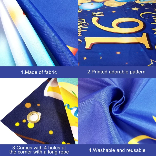 Alt view image 3 of 7 - Blue and Gold Happy 16th Birthday Banner - 72x44 Inch Blue and Gold Backcrop Banner for 16th Happy Birthday Decorations 16th Party Decorations for Men, Women