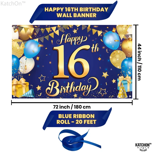 Alt view image 2 of 7 - Blue and Gold Happy 16th Birthday Banner - 72x44 Inch Blue and Gold Backcrop Banner for 16th Happy Birthday Decorations 16th Party Decorations for Men, Women