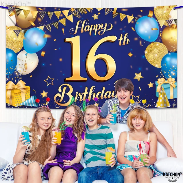 Alt view image 5 of 7 - Blue and Gold Happy 16th Birthday Banner - 72x44 Inch Blue and Gold Backcrop Banner for 16th Happy Birthday Decorations 16th Party Decorations for Men, Women