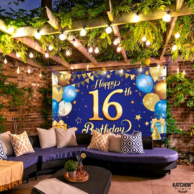 Alt view image 4 of 7 - Blue and Gold Happy 16th Birthday Banner - 72x44 Inch Blue and Gold Backcrop Banner for 16th Happy Birthday Decorations 16th Party Decorations for Men, Women