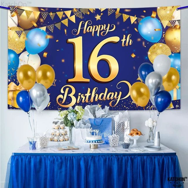 Alt view image 7 of 7 - Blue and Gold Happy 16th Birthday Banner - 72x44 Inch Blue and Gold Backcrop Banner for 16th Happy Birthday Decorations 16th Party Decorations for Men, Women