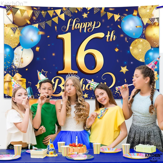 Alt view image 6 of 7 - Blue and Gold Happy 16th Birthday Banner - 72x44 Inch Blue and Gold Backcrop Banner for 16th Happy Birthday Decorations 16th Party Decorations for Men, Women