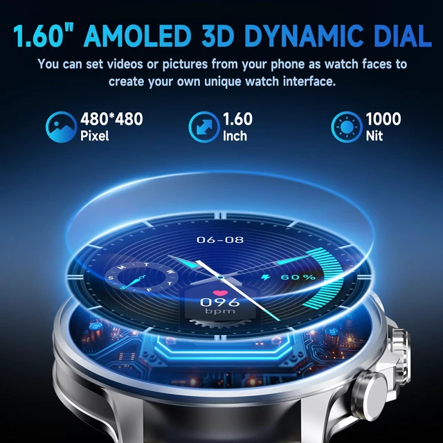 Alt view image 2 of 7 - 3D Dynamic Dial Smart Watch with Magnetic Strap, 1.60" AMOLED HD Touchscreen Fitness Tracker Bluetooth Call 100+ Sport ModesIP68 Waterproof Heart Rate Monitor Find Phone Voice Assistant