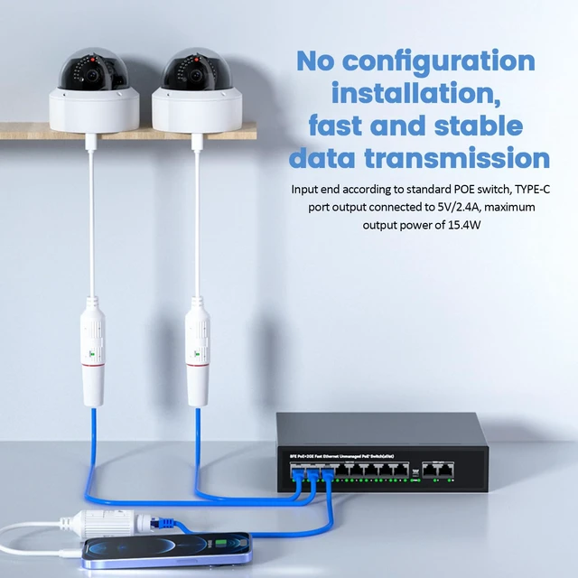 Alt view image 3 of 7 - Ieee802.3af/At Standard Power Supply 5v 2.4a 12w Stable Output Ethernet To Usb-C Conversion Power Only Without Data Transmission Compatible With Ip65 Waterproof Security Camera+Tablet