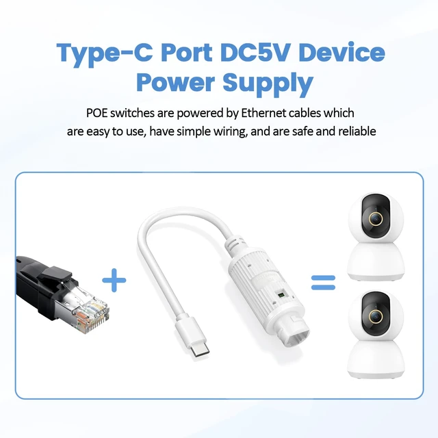 Alt view image 5 of 7 - Ieee802.3af/At Standard Power Supply 5v 2.4a 12w Stable Output Ethernet To Usb-C Conversion Power Only Without Data Transmission Compatible With Ip65 Waterproof Security Camera+Tablet