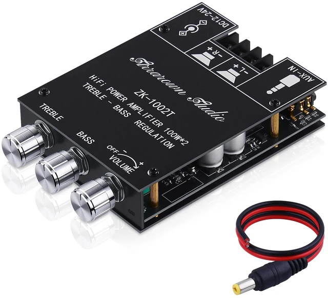Main image of ZK-1002T 2.0 Channel Bluetooth 5.0 Amplifier Board 200W HiFi Subwoofer Audio AMP with Treble and Bass Control BT and AUX Inputs, DC 12-24V 2.0 Channel Stereo AMP Module for DIY Speakers