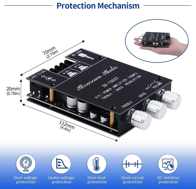 Alt view image 4 of 7 - ZK-1002T 2.0 Channel Bluetooth 5.0 Amplifier Board 200W HiFi Subwoofer Audio AMP with Treble and Bass Control BT and AUX Inputs, DC 12-24V 2.0 Channel Stereo AMP Module for DIY Speakers