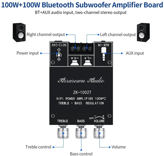 Alt view image 5 of 7 - ZK-1002T 2.0 Channel Bluetooth 5.0 Amplifier Board 200W HiFi Subwoofer Audio AMP with Treble and Bass Control BT and AUX Inputs, DC 12-24V 2.0 Channel Stereo AMP Module for DIY Speakers
