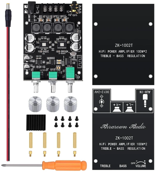 Alt view image 7 of 7 - ZK-1002T 2.0 Channel Bluetooth 5.0 Amplifier Board 200W HiFi Subwoofer Audio AMP with Treble and Bass Control BT and AUX Inputs, DC 12-24V 2.0 Channel Stereo AMP Module for DIY Speakers