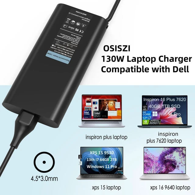 Alt view image 5 of 6 - 130W 90W AC Adapter Compatible with Dell Inspiron 7506 7706 2n1 5759 5767 7791,Pro 14 16 PC14250 PC16250, Pro 14 Plus PC14450 15 PC15250 All-in-One Desktop Computer Laptop 4.5*3.0mm