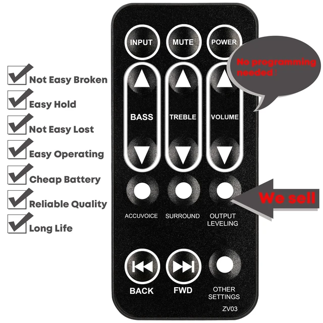 Alt view image 3 of 7 - Replacement Remote Control for ZVOX SOUNDBASE Z-Base 415 425 430 430HSD 525 550 550HSD 575 575HSD TV Speaker (with Mounting Bracket)
