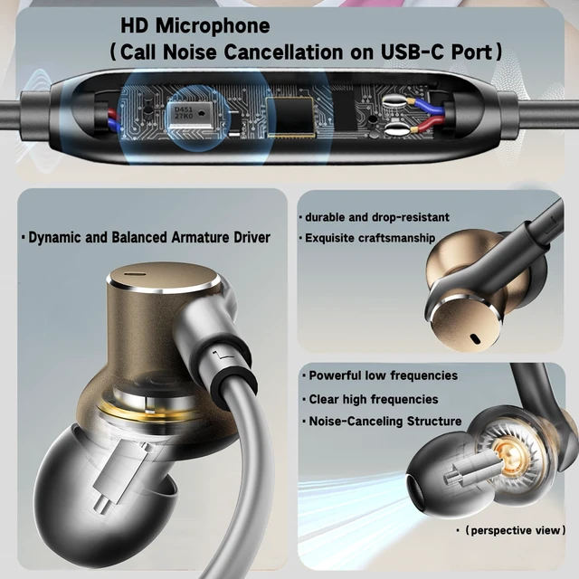 Alt view image 2 of 6 - Wired Earphones Rich Bass Noise Canceling phone Calls Dual-Driver Earbuds (1DD+1BA) In-Ear Headphones Immersive Deep Bass Boost Wired Earbud with Call Noise Reduction Universal Plug&Volume Control