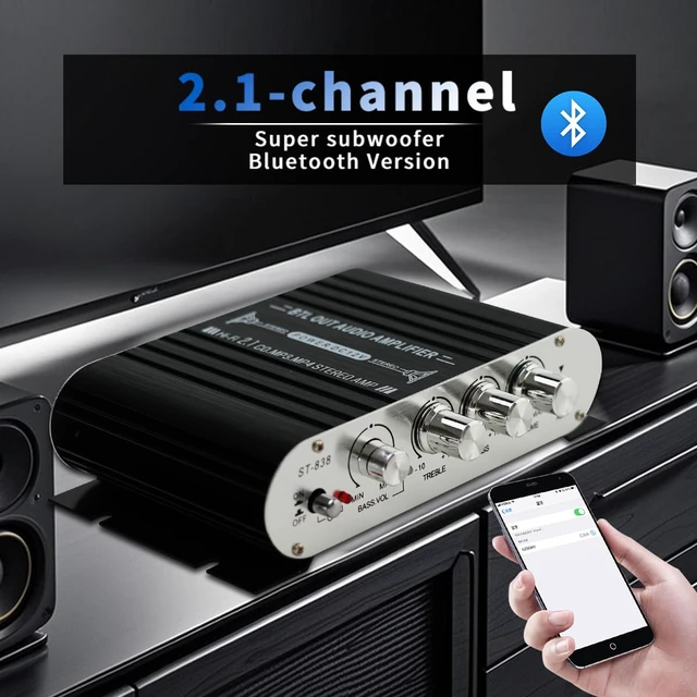 Alt view image 2 of 6 - 2.0CH Stereo Audio Amplifier Receiver with Active Subwoofer Output,RMS 60W,Max 600W,Home Audio Amplifier,Bluetooth 5.0 HiFi Amp Echo/MIC/USB/SD/AUX/FM for Karaoke-BT-198E