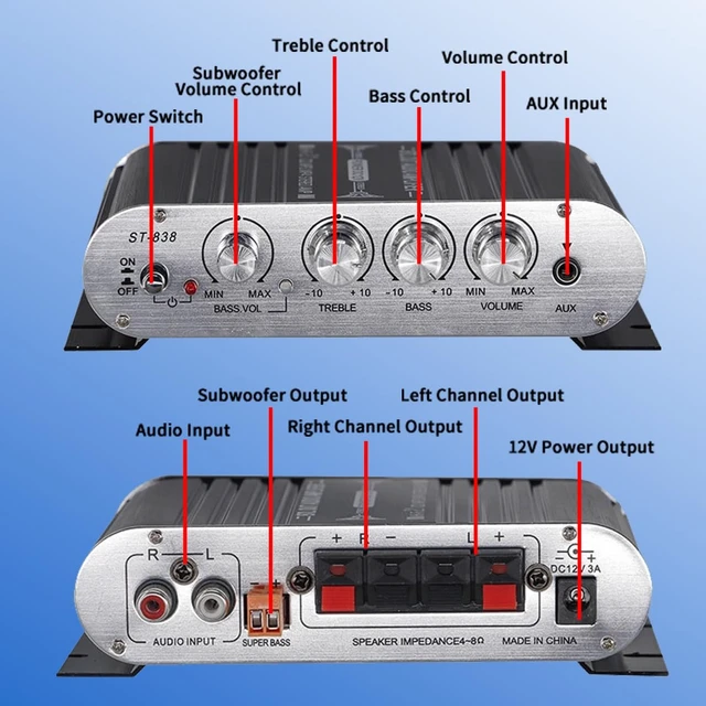 Alt view image 3 of 6 - 2.0CH Stereo Audio Amplifier Receiver with Active Subwoofer Output,RMS 60W,Max 600W,Home Audio Amplifier,Bluetooth 5.0 HiFi Amp Echo/MIC/USB/SD/AUX/FM for Karaoke-BT-198E