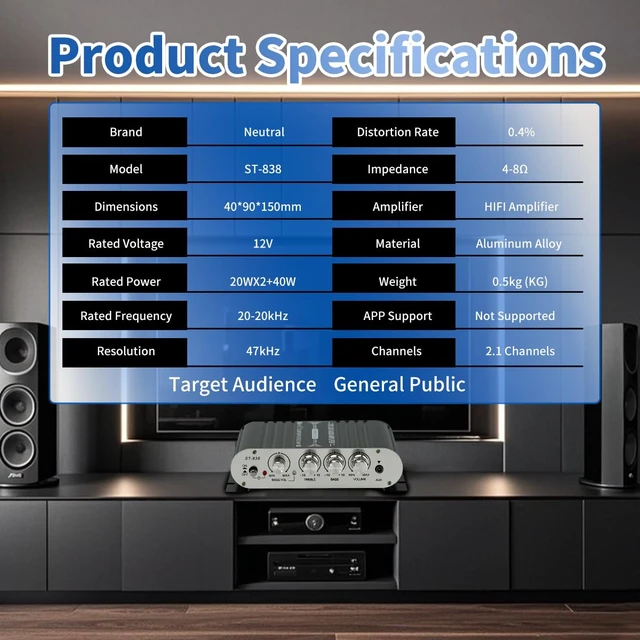 Alt view image 5 of 6 - 2.0CH Stereo Audio Amplifier Receiver with Active Subwoofer Output,RMS 60W,Max 600W,Home Audio Amplifier,Bluetooth 5.0 HiFi Amp Echo/MIC/USB/SD/AUX/FM for Karaoke-BT-198E
