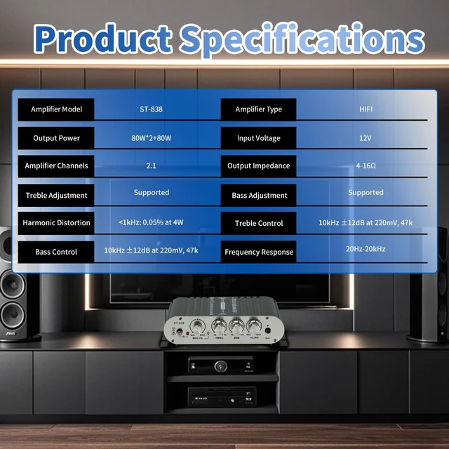 Alt view image 4 of 6 - 2.0CH Stereo Audio Amplifier Receiver with Active Subwoofer Output,RMS 60W,Max 600W,Home Audio Amplifier,Bluetooth 5.0 HiFi Amp Echo/MIC/USB/SD/AUX/FM for Karaoke-BT-198E