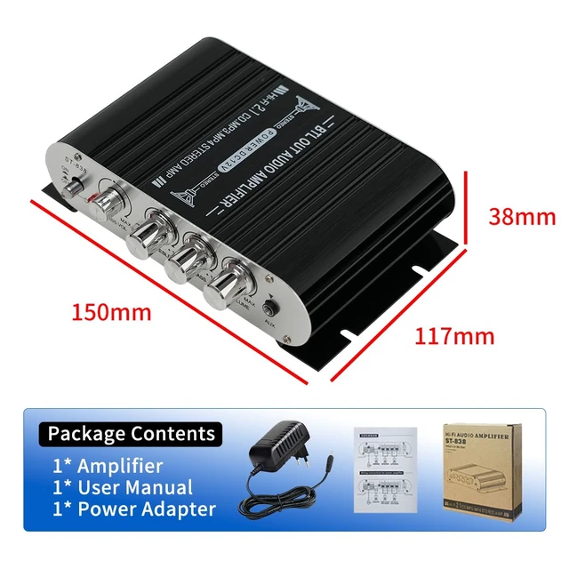 Alt view image 6 of 6 - 2.0CH Stereo Audio Amplifier Receiver with Active Subwoofer Output,RMS 60W,Max 600W,Home Audio Amplifier,Bluetooth 5.0 HiFi Amp Echo/MIC/USB/SD/AUX/FM for Karaoke-BT-198E