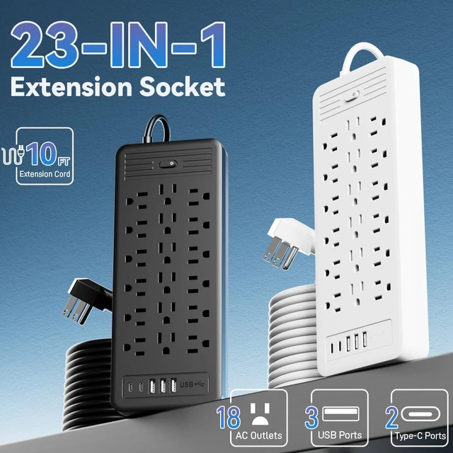 Alt view image 4 of 7 - 18 Outlets Surge Protector Power Strip - 10 Feet Flat Plug Heavy Duty Extension Cord with 18 Widely Outlets and 3 USB Ports,2 Type-C Ports,Black (Black, 10FT)