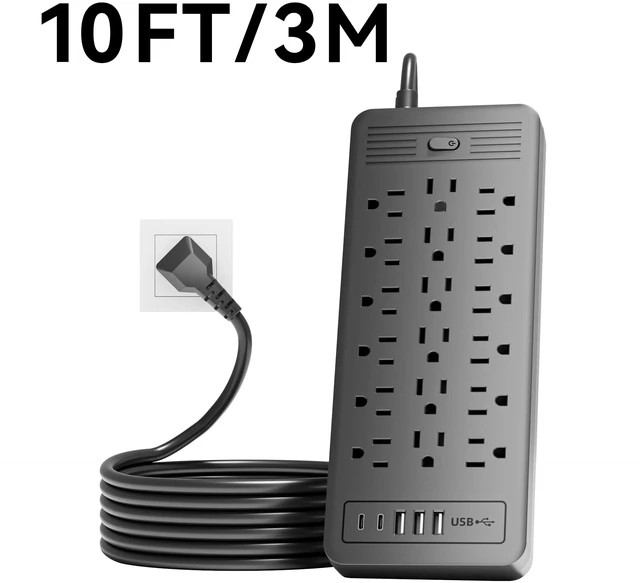 Alt view image 7 of 7 - 18 Outlets Surge Protector Power Strip - 10 Feet Flat Plug Heavy Duty Extension Cord with 18 Widely Outlets and 3 USB Ports,2 Type-C Ports,Black (Black, 10FT)