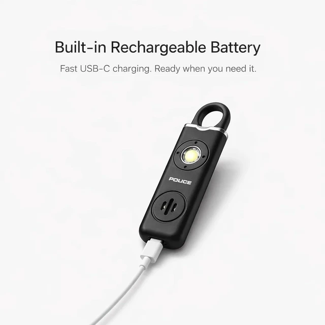 Alt view image 5 of 7 - Personal Safety Alarm Keychain, Rechargeable Loud Emergency Alarm w/ Strobe Light, Portable Self Defense Alarm for Women, Kids, Seniors, Travel, Black