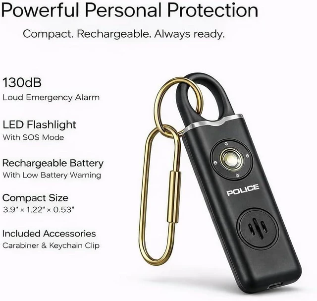 Alt view image 7 of 7 - Personal Safety Alarm Keychain, Rechargeable Loud Emergency Alarm w/ Strobe Light, Portable Self Defense Alarm for Women, Kids, Seniors, Travel, Black