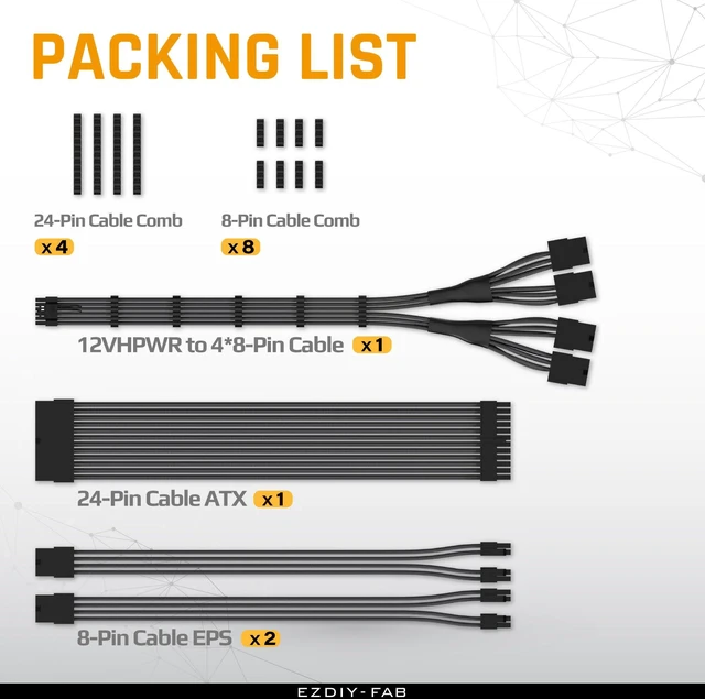 Alt view image 6 of 7 - PCIE 5.0 12VHPWR Sleeved Cable Kit, 16AWG Power Supply Cable Extension, PC PSU Sleeved Cable, 24PIN-ATX/(4+4) PIN-EPS/(12+4) PIN to 4X 8 PIN PCIE- RTX4090/4080/4070Ti Extension Cable- Black