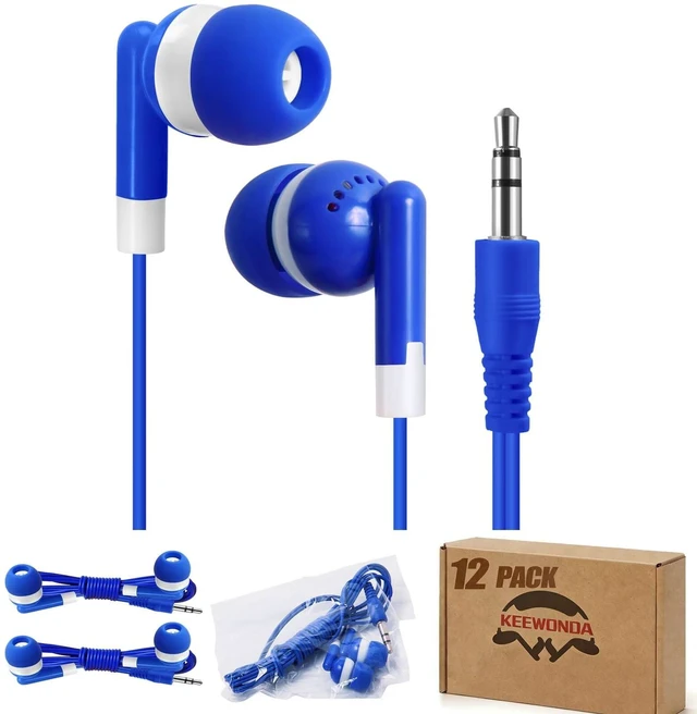 Main image of 12 Pack Bulk Wired Earbud Headphones for Kids - Individually Wrapped, Blue, 3.5mm Jack, 4ft Cord, Classroom School Supplies for Students, Chromebook, Tablet, Laptop