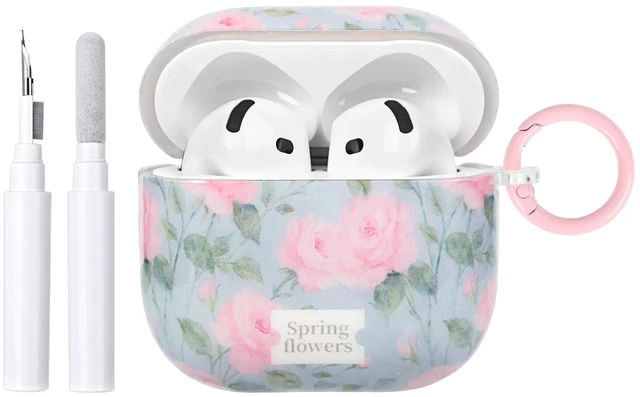Main image of Compatible for AirPods 4 Case Vintage Floral Rose Pattern Design Soft TPU Shockproof Keychain Cover for Woman Girls-Green