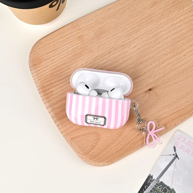 Alt view image 3 of 7 - for AirPod 4th Generation Case with Bow Keychain Striped Trendy Cute Aesthetic Glossy Shockproof Protective Case for AirPod 4 with Cleaner Kit-Pink
