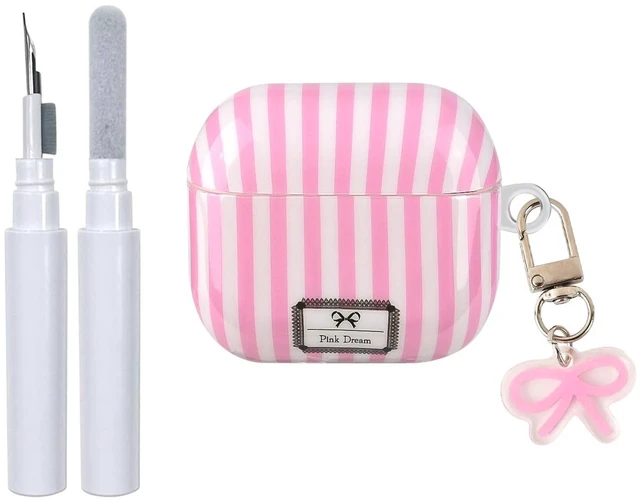 Main image of for AirPod 4th Generation Case with Bow Keychain Striped Trendy Cute Aesthetic Glossy Shockproof Protective Case for AirPod 4 with Cleaner Kit-Pink