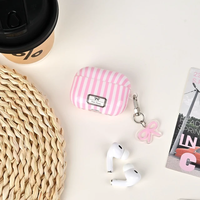 Alt view image 6 of 7 - for AirPod 4th Generation Case with Bow Keychain Striped Trendy Cute Aesthetic Glossy Shockproof Protective Case for AirPod 4 with Cleaner Kit-Pink