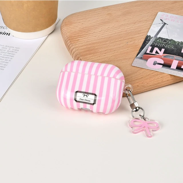 Alt view image 4 of 7 - for AirPod 4th Generation Case with Bow Keychain Striped Trendy Cute Aesthetic Glossy Shockproof Protective Case for AirPod 4 with Cleaner Kit-Pink