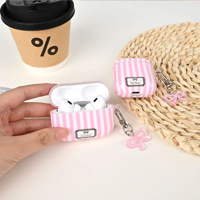 Alt view image 5 of 7 - for AirPod 4th Generation Case with Bow Keychain Striped Trendy Cute Aesthetic Glossy Shockproof Protective Case for AirPod 4 with Cleaner Kit-Pink