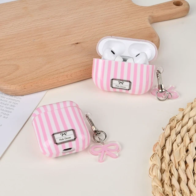 Alt view image 2 of 7 - for AirPod 4th Generation Case with Bow Keychain Striped Trendy Cute Aesthetic Glossy Shockproof Protective Case for AirPod 4 with Cleaner Kit-Pink
