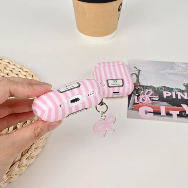 Alt view image 7 of 7 - for AirPod 4th Generation Case with Bow Keychain Striped Trendy Cute Aesthetic Glossy Shockproof Protective Case for AirPod 4 with Cleaner Kit-Pink