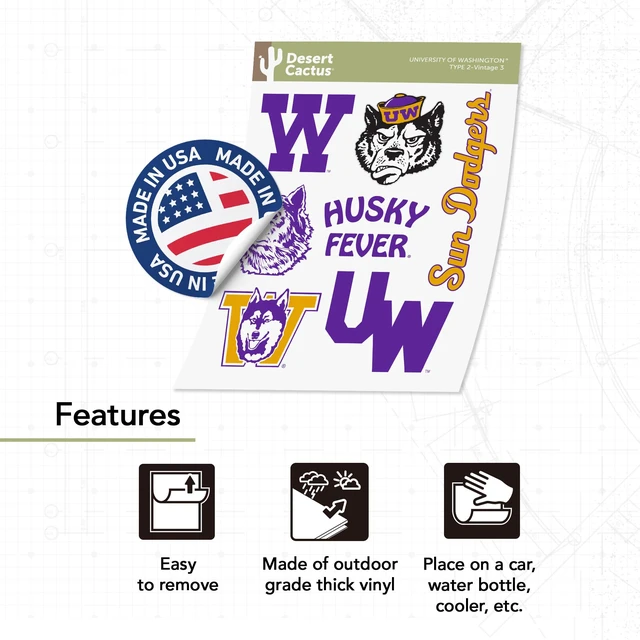 Alt view image 2 of 6 - Washington Huskies Sticker Decal (T2 Vintage 3) Officially Licensed UW Vinyl for Laptops, Water Bottles, Cars, Windows & Scrapbooks, Merch