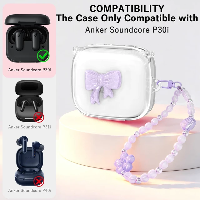 Alt view image 2 of 7 - Purple Bow for Anker Soundcore P30i Shockproof Case, with Keychain Cute Purple Bow Design,Soft Protective Cover, for Girls Women,Comes with Keychain & Cleaning Kit