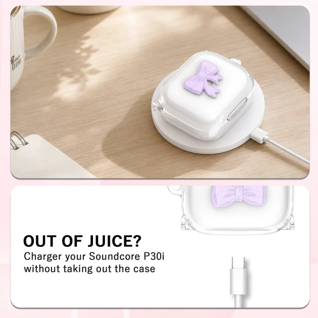Alt view image 5 of 7 - Purple Bow for Anker Soundcore P30i Shockproof Case, with Keychain Cute Purple Bow Design,Soft Protective Cover, for Girls Women,Comes with Keychain & Cleaning Kit